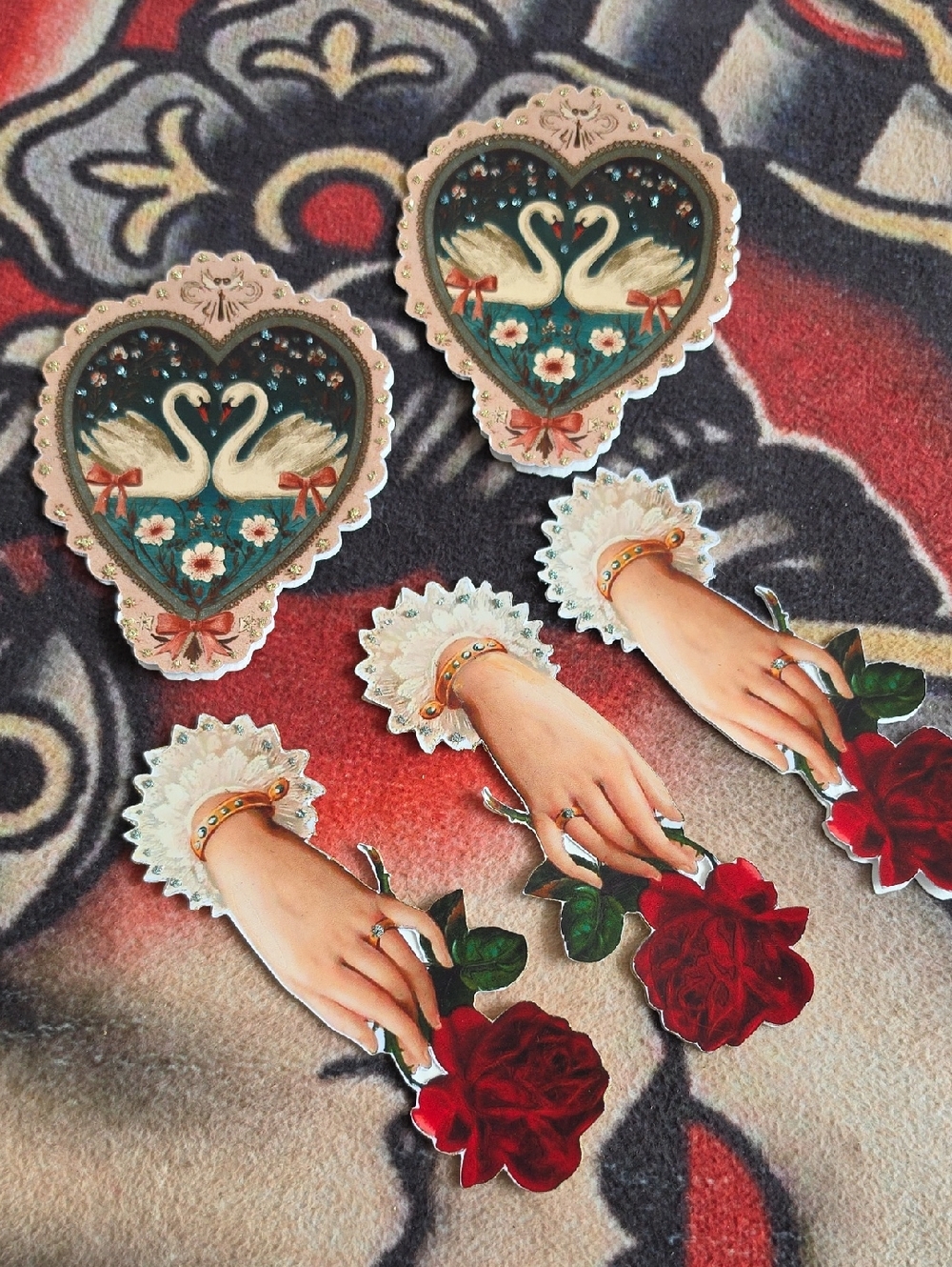 Vintage-Inspired Swan Heart & Rose Set - Pink, Red, Teal Calling Cards Victorian